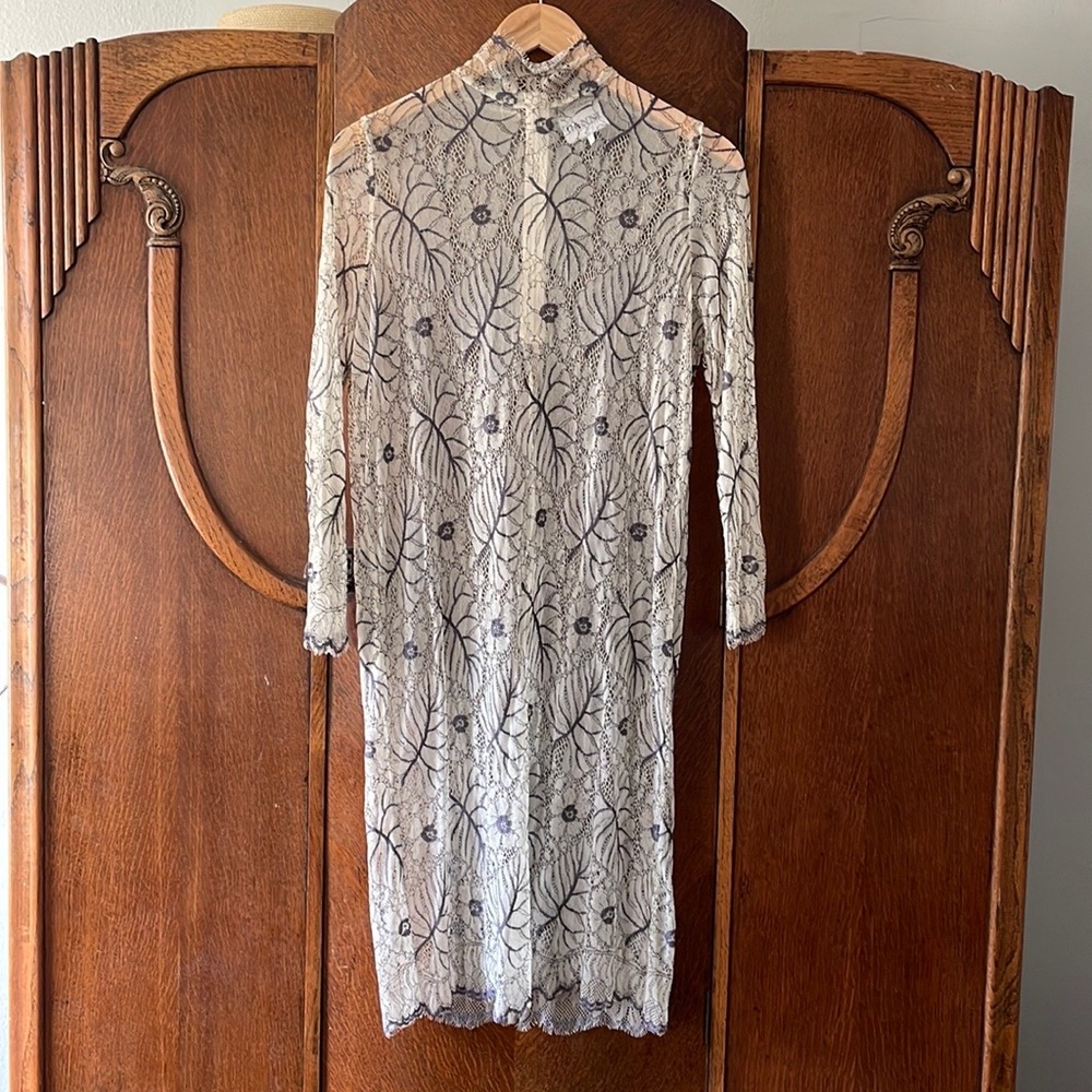 GANNI Lace Floral and Leaf Dress Sheer Midi Long Mock Neck Long Sleeve Small